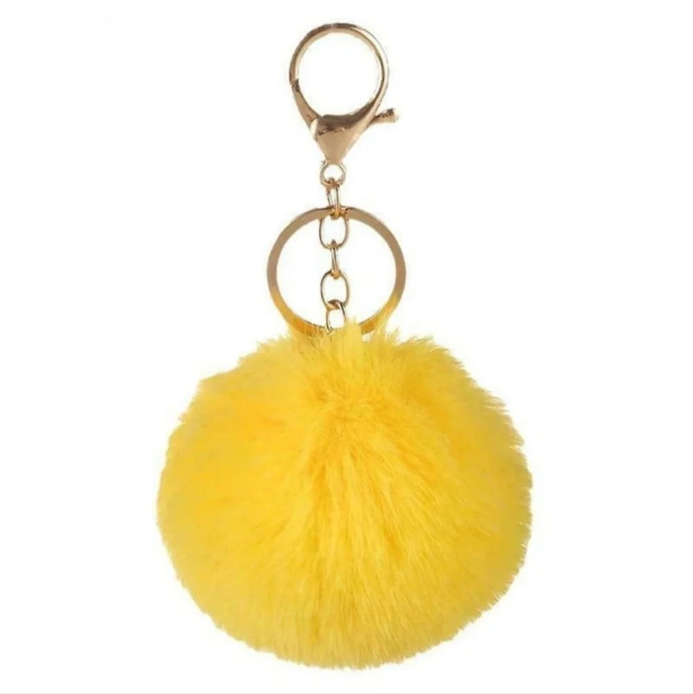 Soft Fluffy Yellow Faux Rabbit Fur Ball Gold Keychain Key Chain Bag Accessories